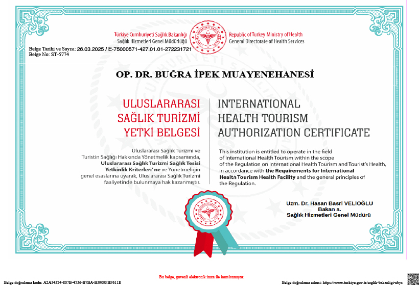 Op. Dr. Buğra İpek Muayenehanesi Uluslararası Sağlık Turizmi Yetki Belgesi